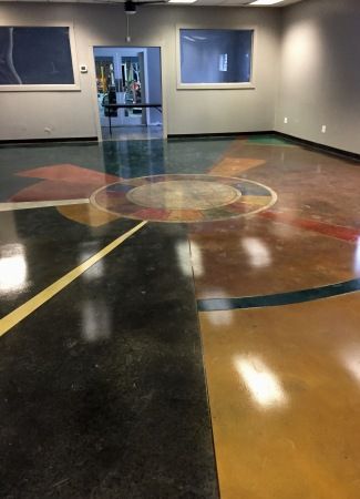 Polished concrete designs using stains, dyes or industrial floor coatings.